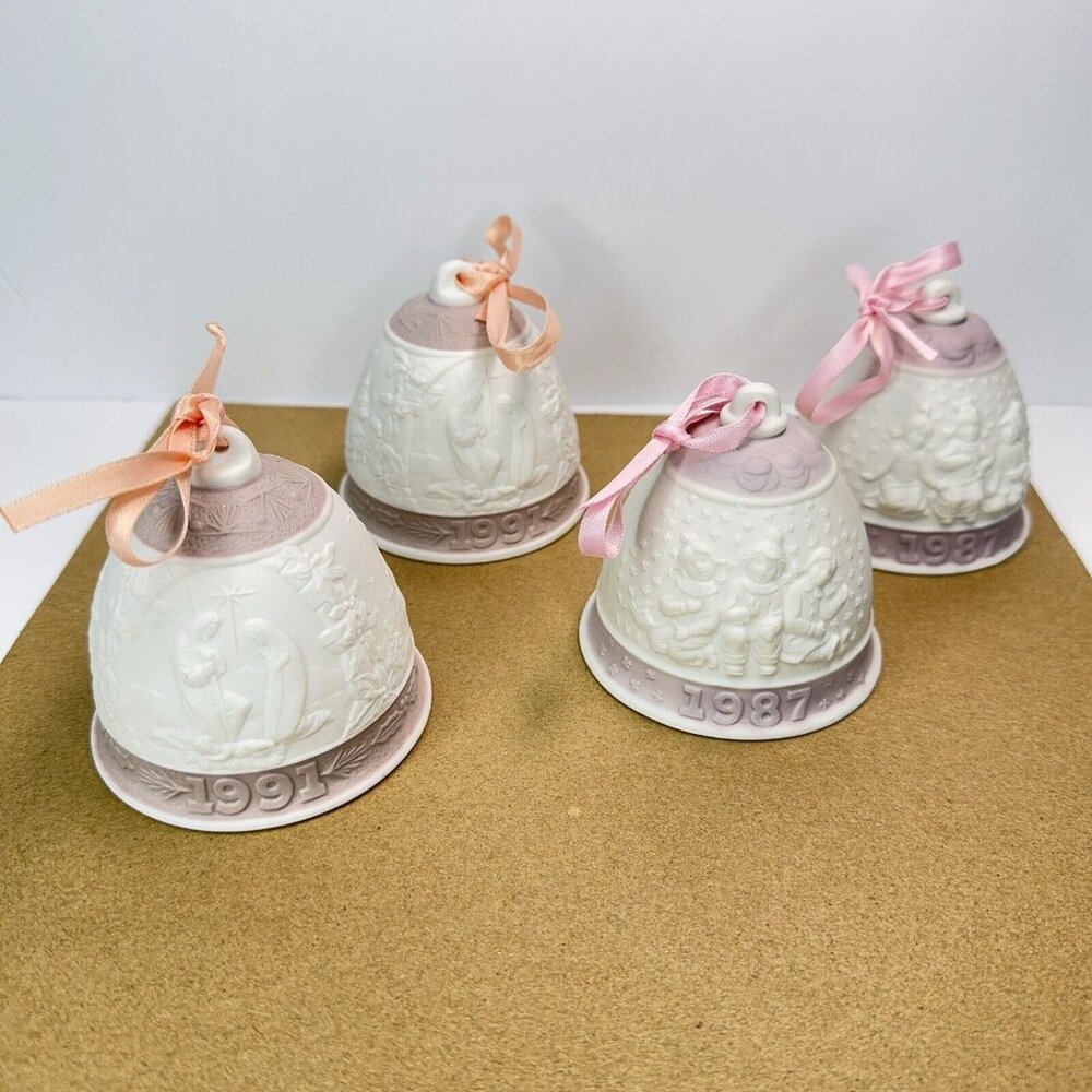 Lladro Christmas Ball Bell Ornaments LOT 4 Vintage Porcelain 1991 & 1987 Ribbons